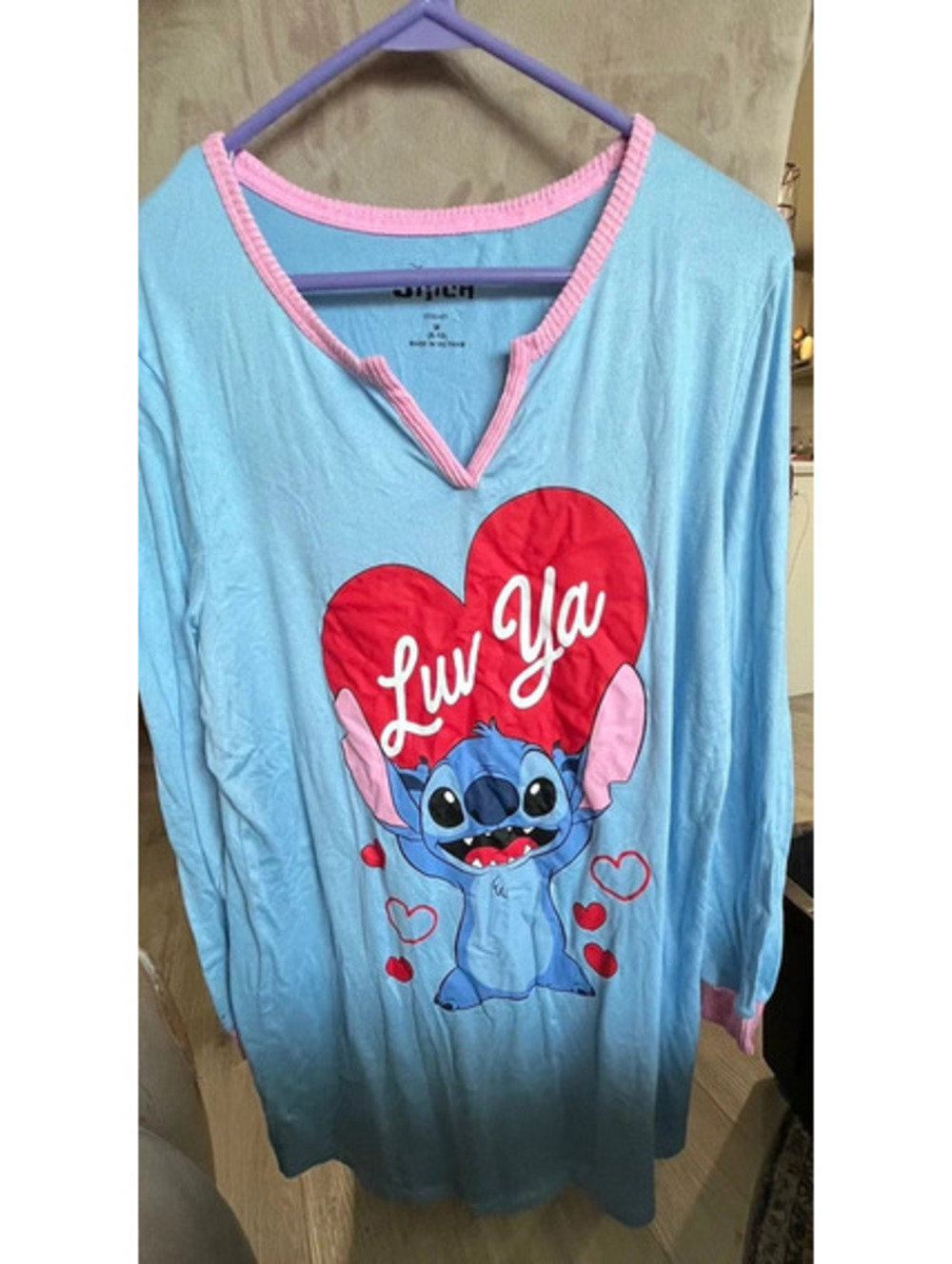 Disney Stitch Nightshirt Womens , M (8-10), Blue With Graphics Girls Shirt - Picture 1 of 9
